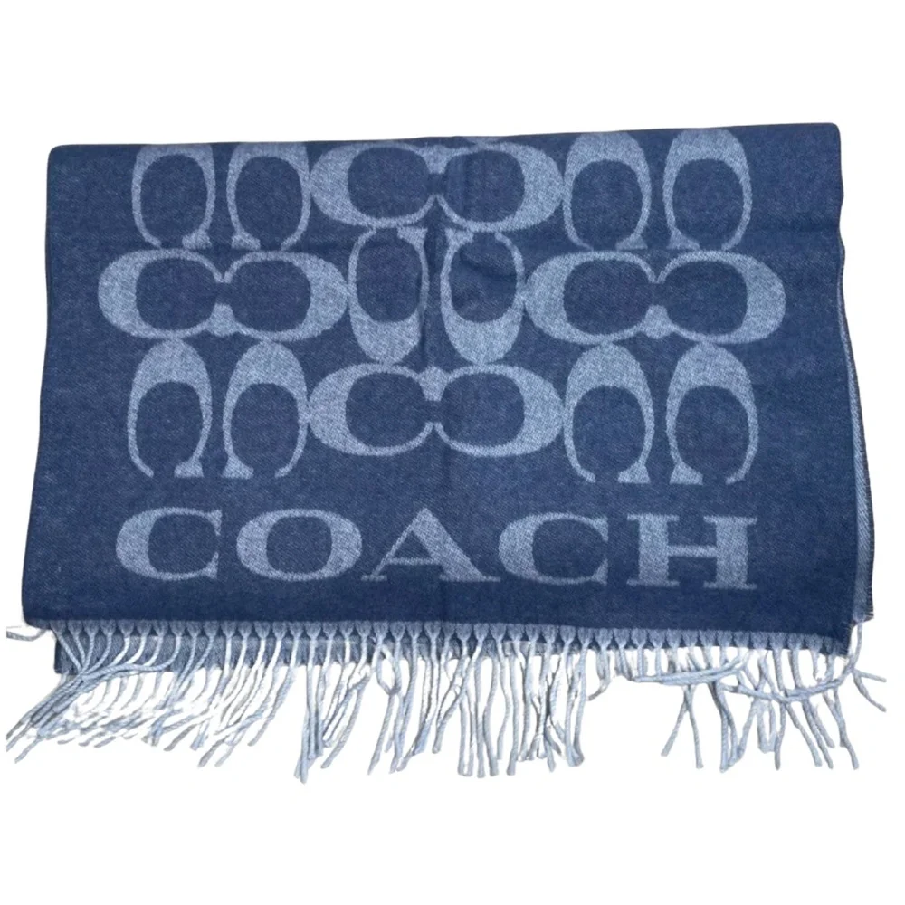 Coach Wool Cashmere Scarf Twilight Blue Logo Fringe Wrap 77 x 21 Luxury Winter - Picture 1 of 3
